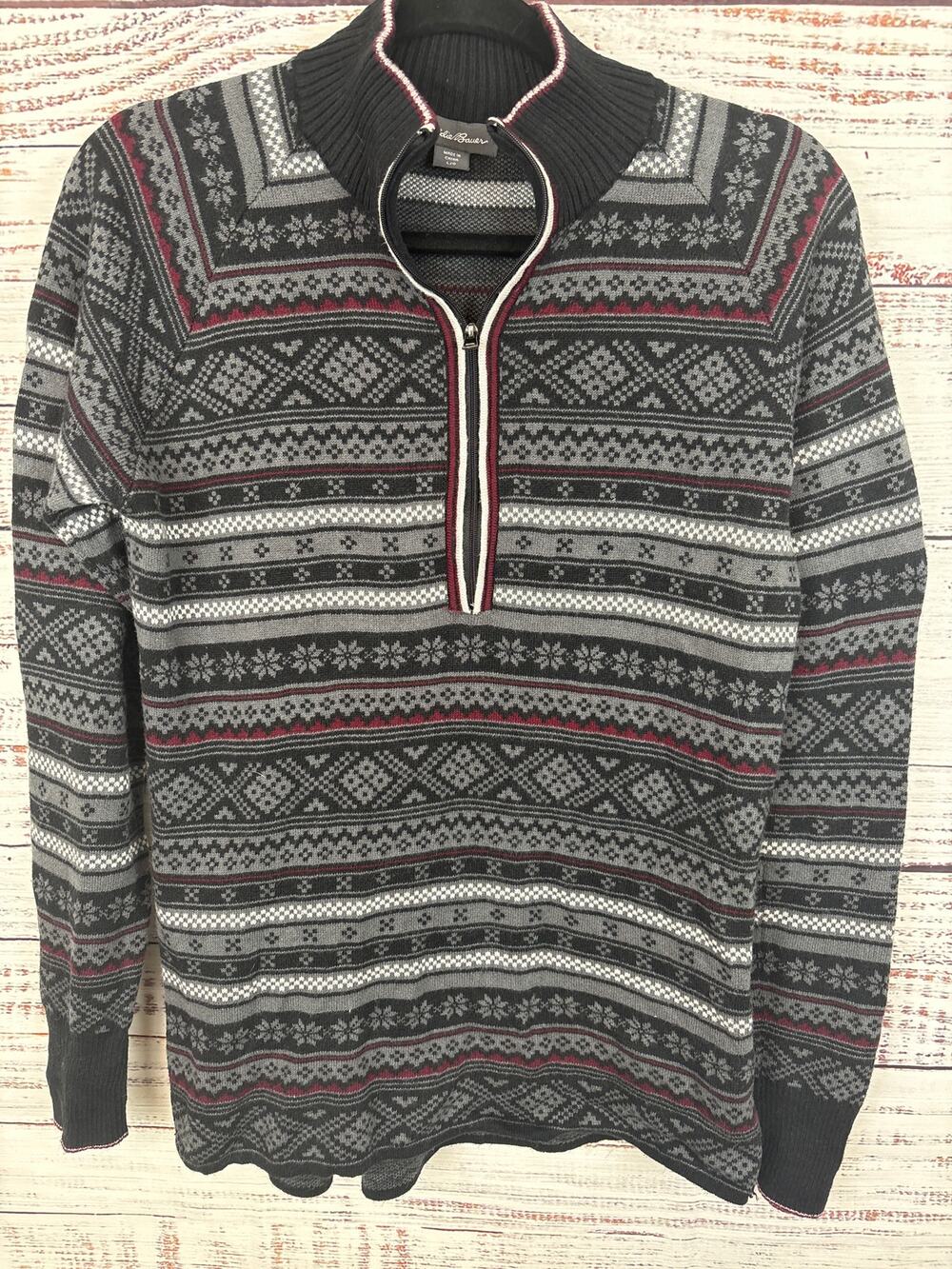 Eddie Bauer Black Gray Mock Neck 1/4 Zip Fair Isle Sweater Nordic Print Mens L